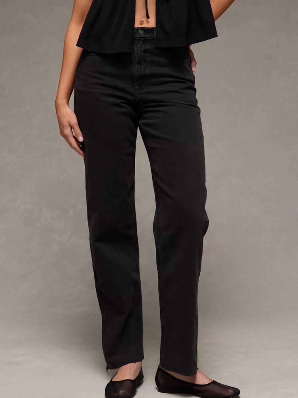 NWT AE Strigid Super High-Waisted Baggy Straight Jean Black Magic Sz 6/28 SHORT